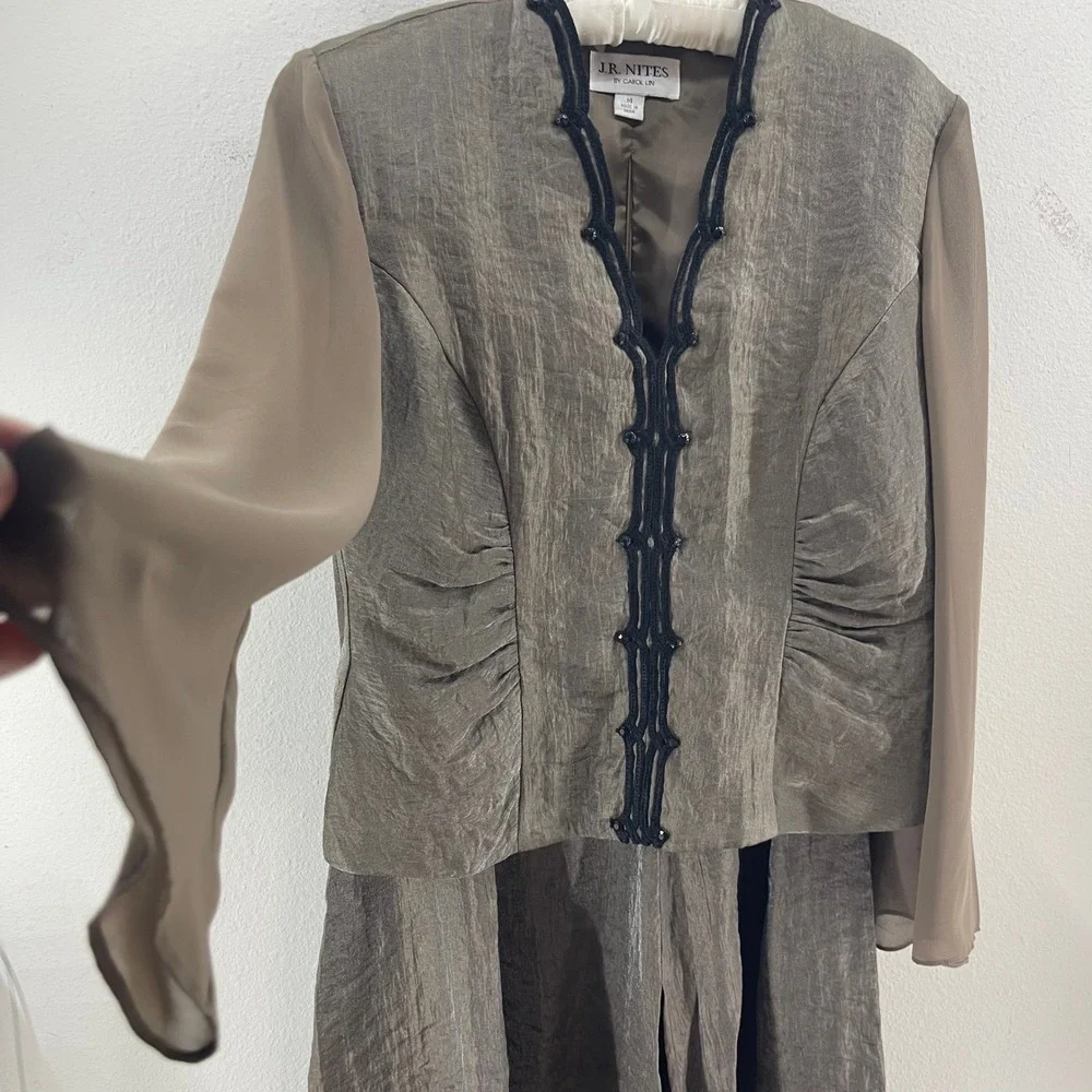 J.R. Nites‎ Carol Lin 2 Pc Dress Jacket Set 14 Taupe Evening Formal Wedding VTG